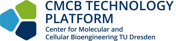 CMCB TP | Logo of the CMCB Technology Platform, The logo is composed of three pentagons filled in light green, light blue and dark blue and the text Technology Platform of the Center for Molecular and Cellular Biotechnology (CMCB)