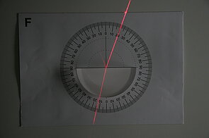 Image showing a protractor with degree markings, placed above a semicircular transparent block. A single red laser beam enters the block from the top at an angle, bends as it passes through the flat surface of the transparent material, and exits at the bottom. The change in direction of the light beam demonstrates the principle of refraction, where light changes speed and angle when passing from air into a different medium. The protractor is used to measure the angle of incidence and refraction, helping to illustrate Snell's law and the study of optical behavior.