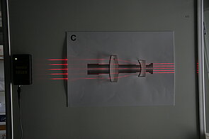 Image showing a physics experiment setup with parallel red laser beams passing through an optical diagram resembling a lens system. The beams first encounter a convex lens, which bends the rays inward toward a focal point. After the convex lens, the rays pass through a concave lens element and exit the setup as parallel beams. This arrangement demonstrates how a combination of lenses can direct, converge, or re-collimate light rays, illustrating key concepts of geometric optics and light manipulation in educational experiments.